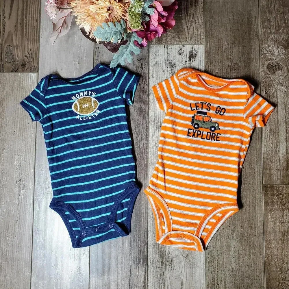 Carter's Baby Boy 6m 6 months Cotton Striped Bodysuit Bundle Orange Blue NWOT